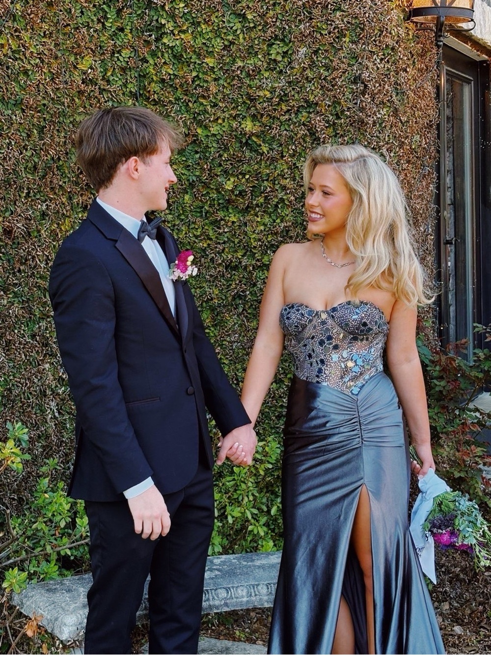 Strapless Metallic Silver Prom Dress with Embellished Bodice